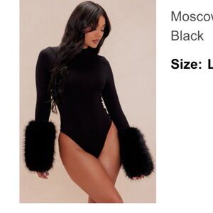 Elegant Black Bodysuit with Faux Fur Cuffs